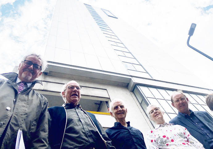 Griff Rhys Jones joins campaign against tower block demolition Save museum street group outside Selkirk with Gryff new